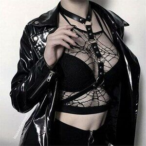 BLACK Leather Waist Shoulder Harness Bra Belt Choker Slave Fetish Bondage NWT